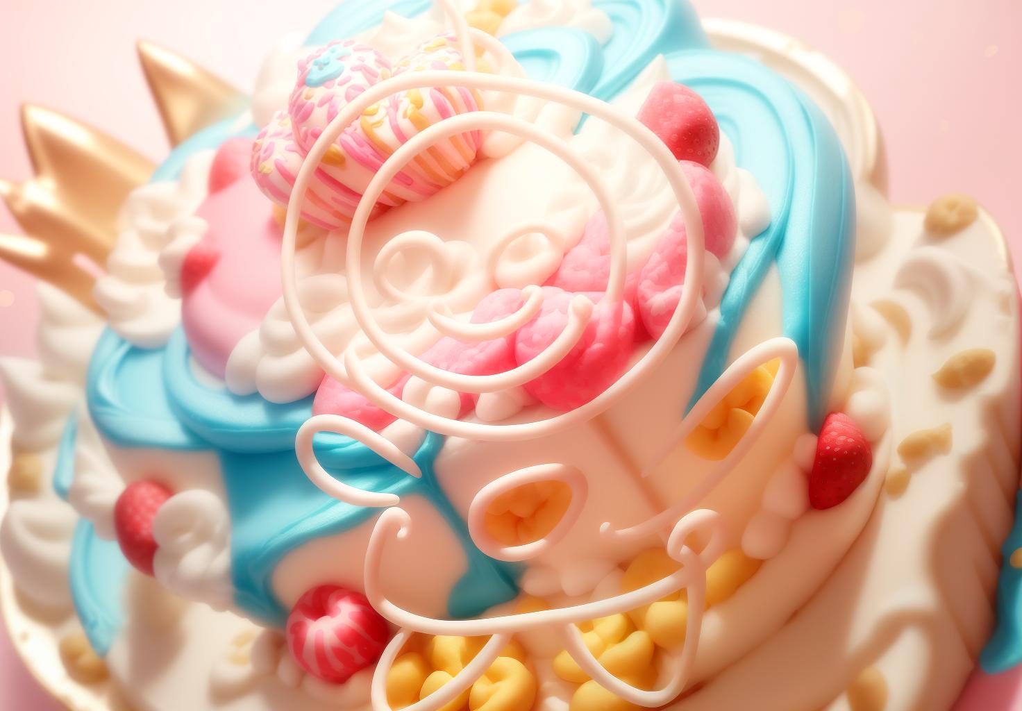  best quality, ultra high resolution, perfect lighting, cute cartoon birthday cake, multi layered, full and rounded, front view, complete cake, detailed frosting decorations, colorful layers, playful design, smooth lines, friendly appearance, bright and cheerful colors, whimsical patterns, intricate icing details, charming cake toppers, fun and playful decorations, joyful and festive atmosphere, visually appealing, non realistic, cartoonish elements, 3d appearance, dimensional layers, textured frosting, cream, frosting, chocolate chips, sprinkles, ganache, drizzled icing, whipped cream, edible decorations, decorative patterns, candles, small amount of fruit, clean background, (masterpiece:1.2), (extremely detailed:1.2), (8k:1.2)