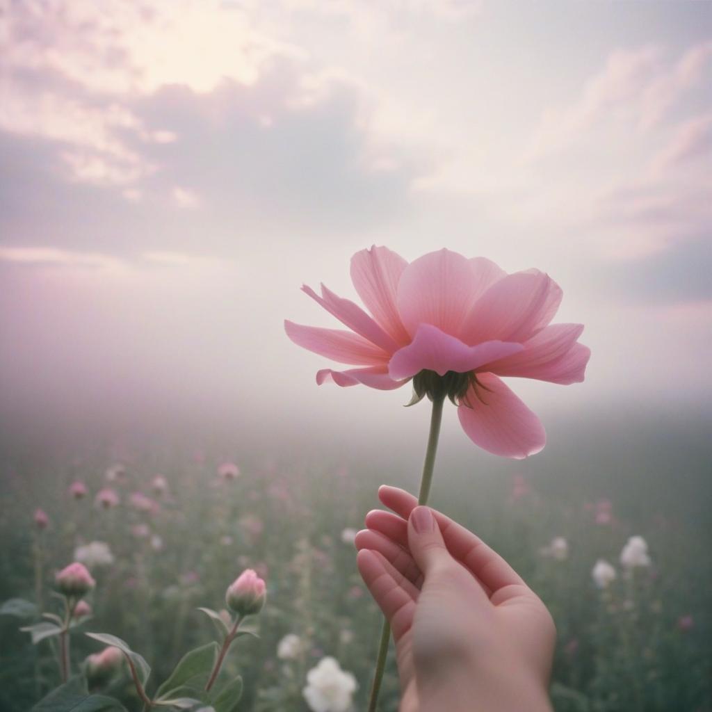  analog film photo the girl’s hand touches a pink flower, pink and white shades, light fog, clouds in the background, a room in pastel shades. . faded film, desaturated, 35mm photo, grainy, vignette, vintage, kodachrome, lomography, stained, highly detailed, found footage