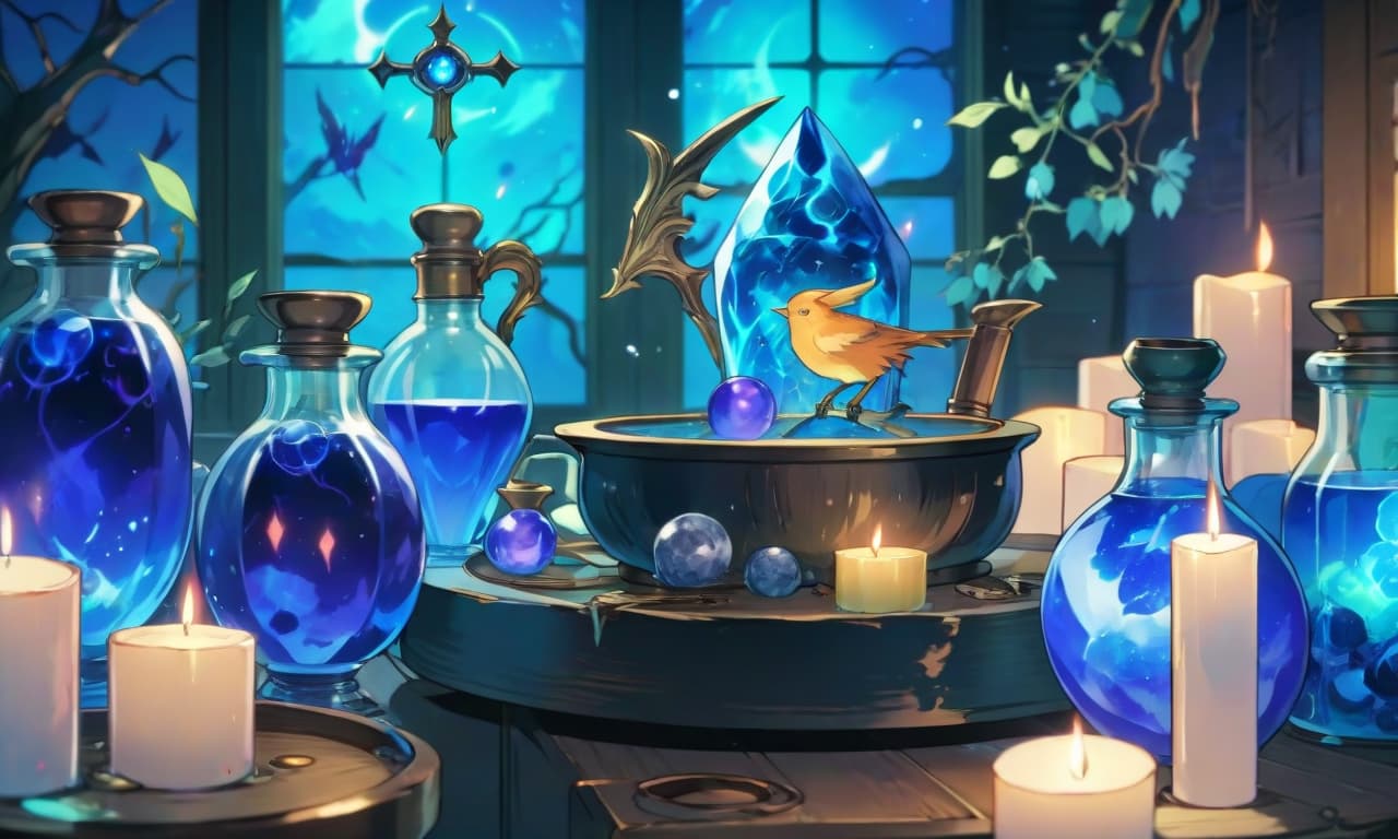  anime artwork the witch's alchemical table. blue hues. gloomy atmosphere. view horizontally . anime style, key visual, vibrant, studio anime, highly detailed