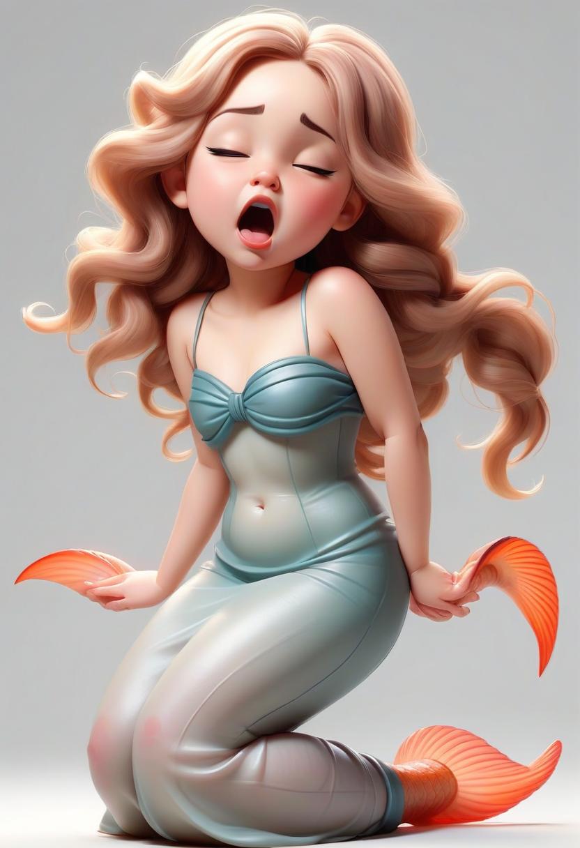  a full length little nymph girl. singing. eyes closed or looking away. nice face, plump cheeks, plump lips, fish tail. white background.