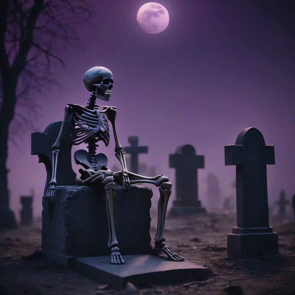  cinematic film still an iron sad skeleton sits on a split tombstone. night, a huge purple moon, a lantern, a gloomy light. . shallow depth of field, vignette, highly detailed, high budget, bokeh, cinemascope, moody, epic, gorgeous, film grain, grainy