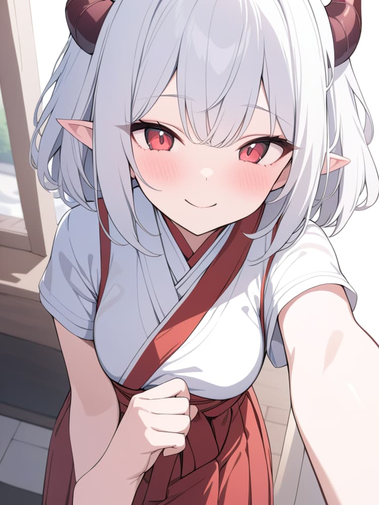  there are horns, girls, sharp ears, hakama, hits, short hair, white hair, dragon's daughter, red and white hakama, red eyes, cute, smiles, cheerful, masterpiece, best quality,8k,ultra detailed,high resolution,an extremely delicate and beautiful,hyper detail