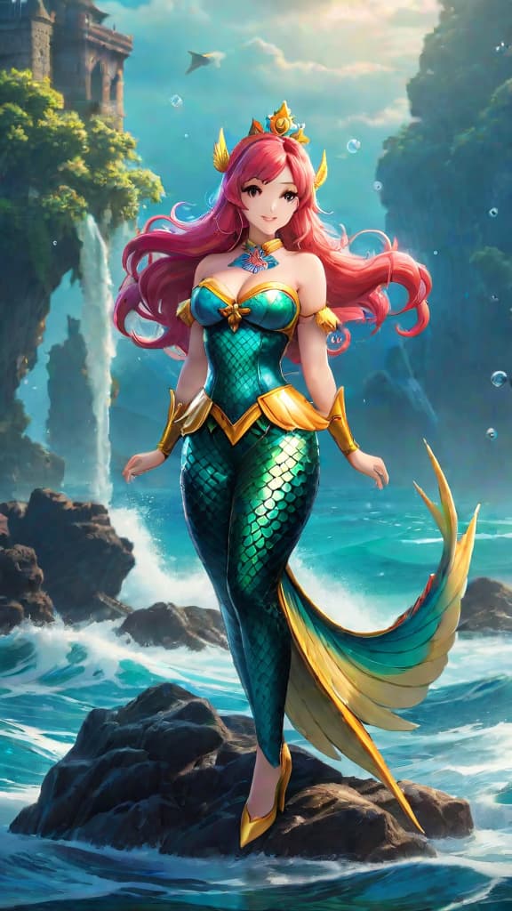  an anime art of shirahoshi, the mermaid princess of fish man island, commanding massive sea kings. hyperrealistic, full body, detailed clothing, highly detailed, cinematic lighting, stunningly beautiful, intricate, sharp focus, f/1. 8, 85mm, (centered image composition), (professionally color graded), ((bright soft diffused light)), volumetric fog, trending on instagram, trending on tumblr, HDR 4K, 8K