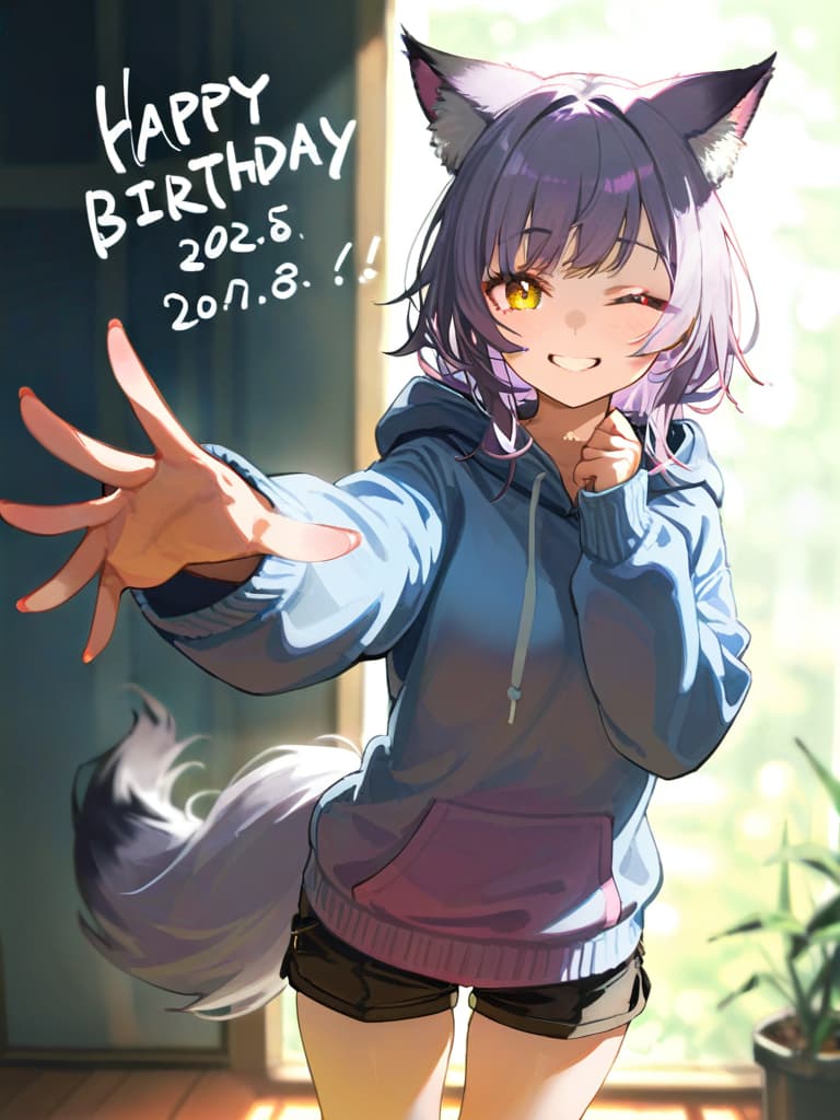  top quality,plaid background,simple background,solo,fox ,fox ears,fox tail,gray hair,long hair,curly hair,volumey hair, eyelash,one eye closed,smile,oversized hoodies,wide sleeves,long sleeves,sleeves past fingers,shorts,tights, under shorts,outstretched hands,incoming hug,((happy birthday,congratulations)).