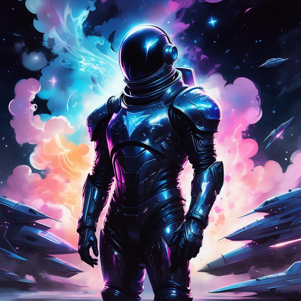  (ink sketch:1.2), (art by style of ross tran:1.4), space knight male in black spacesuit armor standing next to spaceship, traditional media, watercolor, fantasy illustration, soft colors, final fantasy, the knight of star, beautiful mysterious clouds, in a magical world, illuminated by a silvery glow. on a dark background of complex texture: stars, silver dust, abstract electric sparks, neon flashes and mystical glow. high contrast of the drawing and background. surrealism, fantasy with elements of modernity. high detail, high quality, 8k