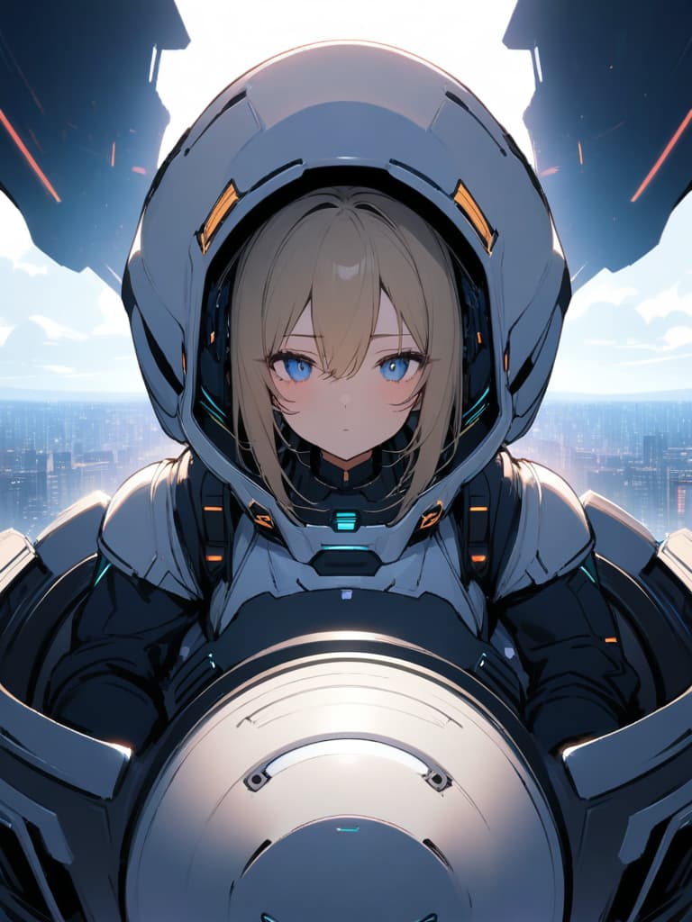  ultra detailed:1.2,masterpiece:1.2,best quality,masterpiece,bestquality,hdr:1.1,8k:1.1,very cute girl:1.3,((cyber pilot suit white:1.6)),((sphere cockpit inside robot:1.6))(cyber,full face helmet:1.3)(sitting cockpit seat:1.3),leaning forward,upper body:1.3,blue eyes:1.2,blonde hair:1.2,from front