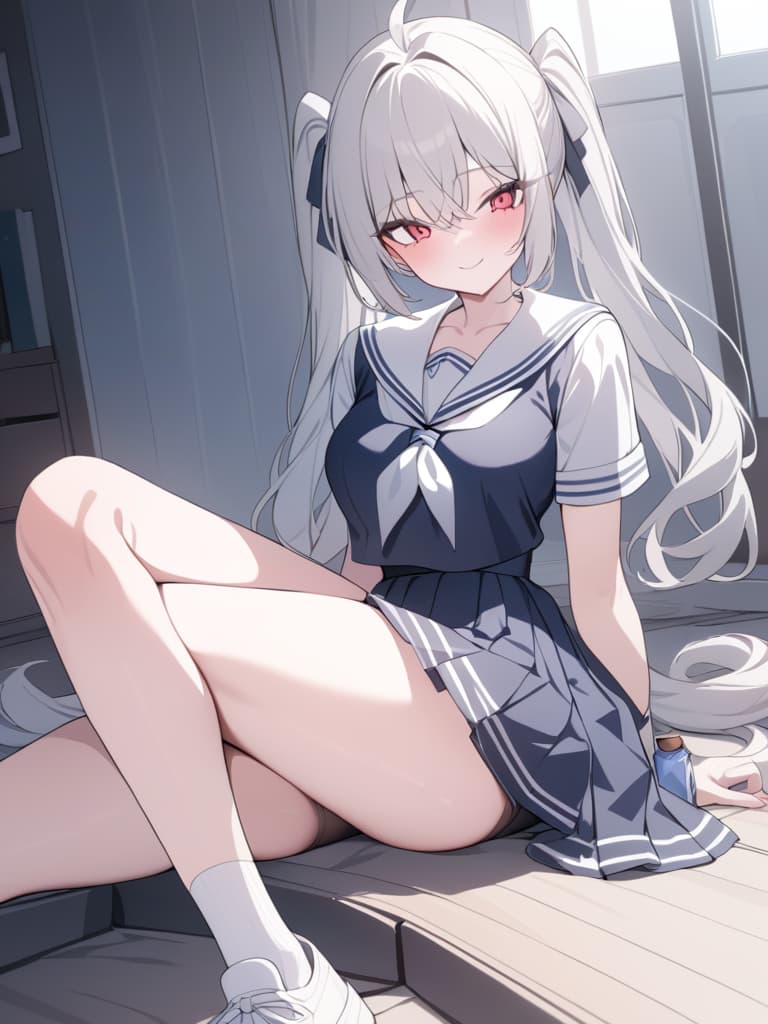  illness, twin tail, sailor suit, menhera, yandere, sitting on the ground, smile, masterpiece, best quality,8k,ultra detailed,high resolution,an extremely delicate and beautiful,hyper detail