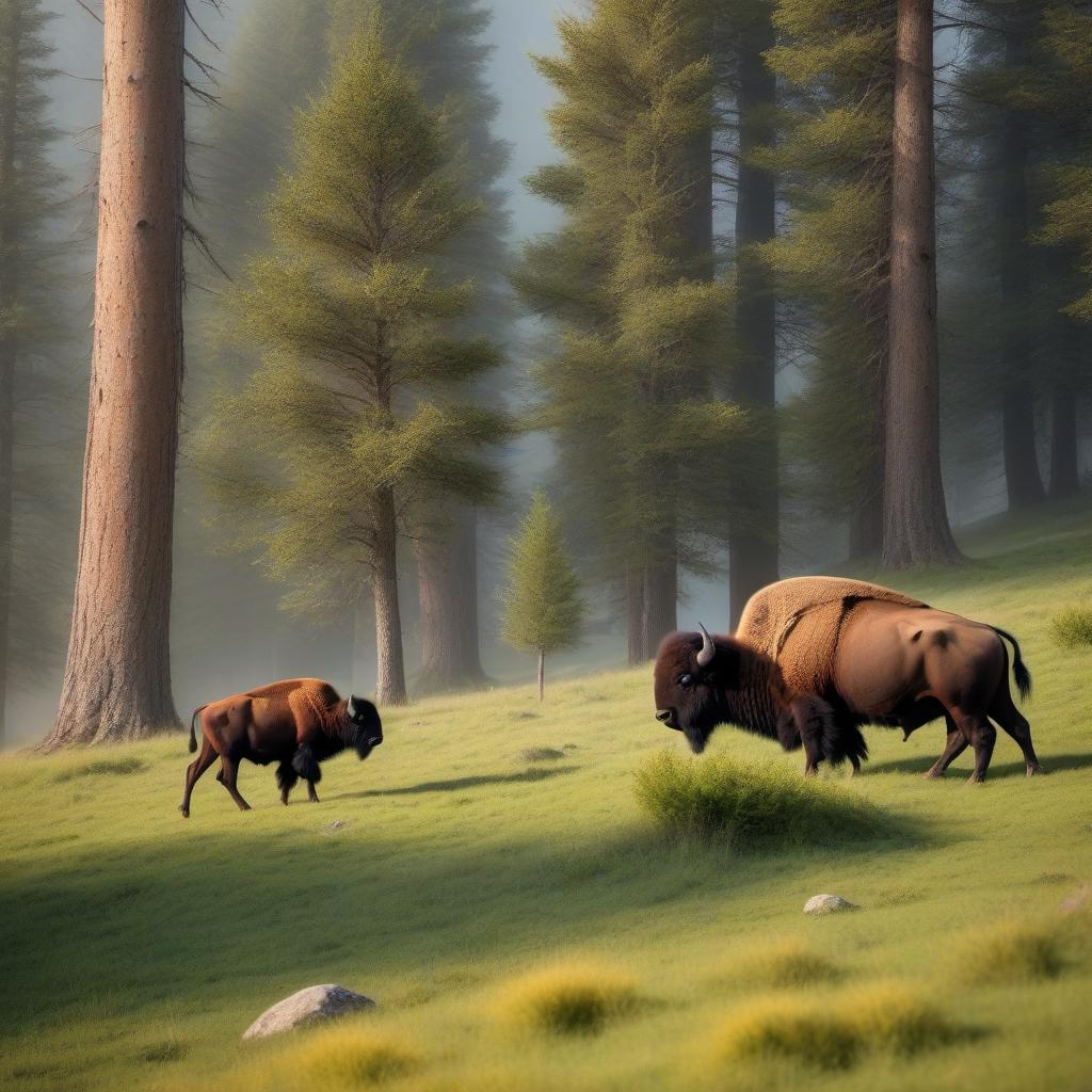  Bison and calf hyperrealistic, full body, detailed clothing, highly detailed, cinematic lighting, stunningly beautiful, intricate, sharp focus, f/1. 8, 85mm, (centered image composition), (professionally color graded), ((bright soft diffused light)), volumetric fog, trending on instagram, trending on tumblr, HDR 4K, 8K