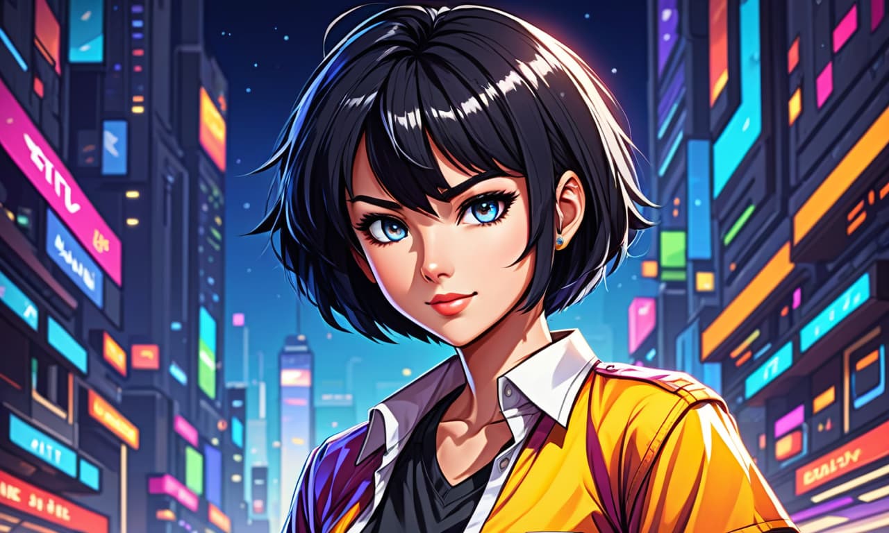  retro game art portrait , beautiful anime girl, with black hair, beautiful eyes, tight shirt , short haircut . 16 bit, vibrant colors, pixelated, nostalgic, charming, fun