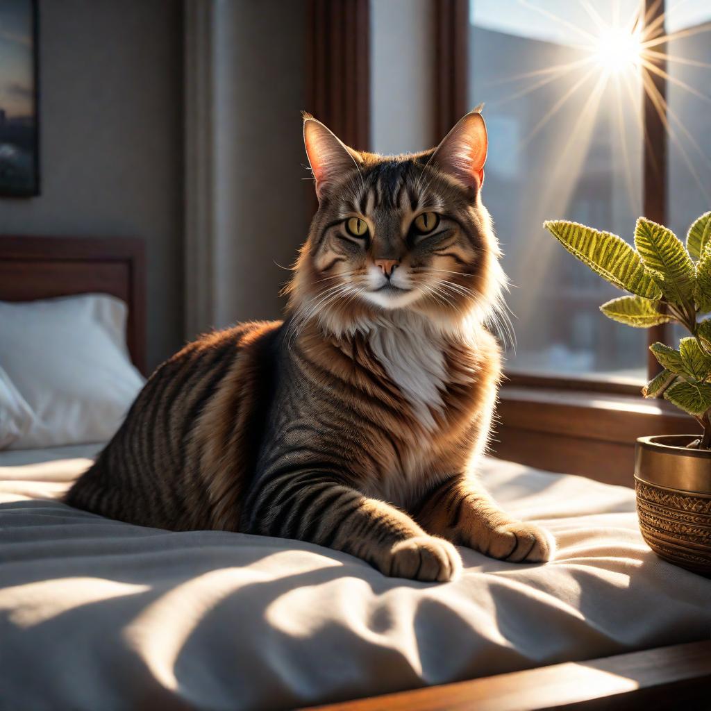  in english: "un gato durmiendo en una cama con la luz del sol brillando a través de la ventana." hyperrealistic, full body, detailed clothing, highly detailed, cinematic lighting, stunningly beautiful, intricate, sharp focus, f/1. 8, 85mm, (centered image composition), (professionally color graded), ((bright soft diffused light)), volumetric fog, trending on instagram, trending on tumblr, HDR 4K, 8K