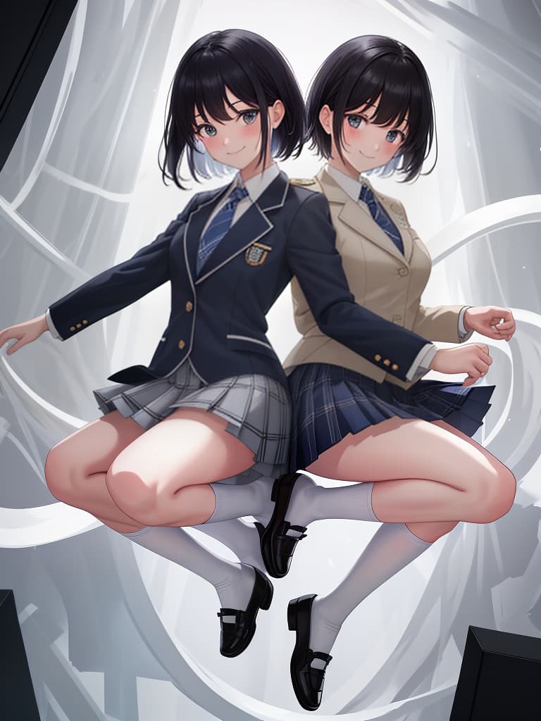  best masterpieces, white shirts, ties, uniforms, dark blue blazer, plaid pleated , white socks, smiles, beautiful legs, black hair, jumping, masterpiece, best quality,8k,ultra detailed,high resolution,an extremely delicate and beautiful,hyper detail