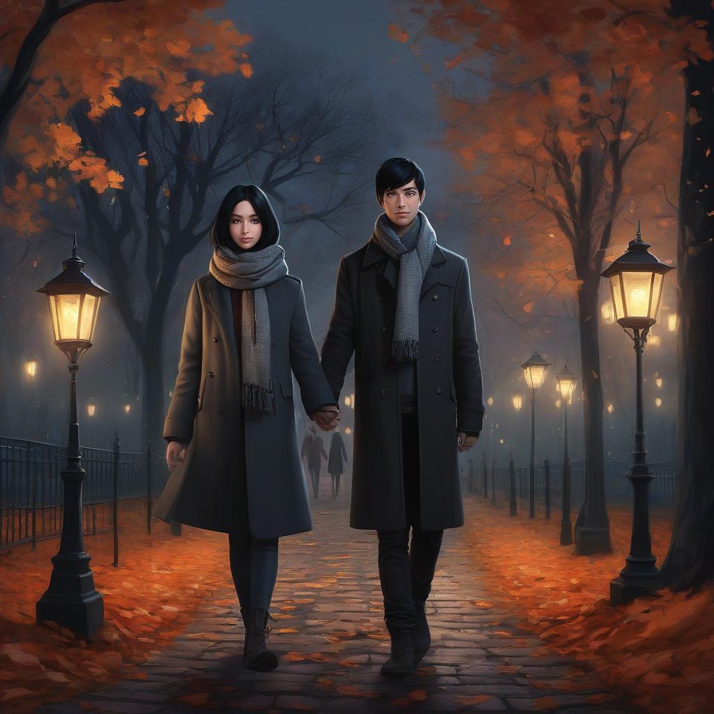  concept art autumn park. (night: 1.4) lanterns. a girl with black hair in a coat with a scarf and a man look at the camera holding hands. . digital artwork, illustrative, painterly, matte painting, highly detailed