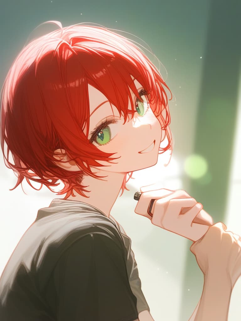  (adam's apple: 1.4), (1boy: 1.3), (red hair), (short hair: 1.3), emerald green eyes, smile, from front, t shirt. , hair on the side connecting, ultra detailed, hair tie, froward hands,