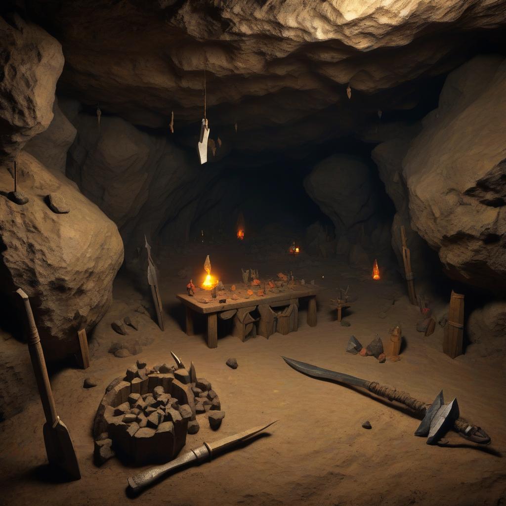  the medieval cave inside with ore and pickaxes is wide