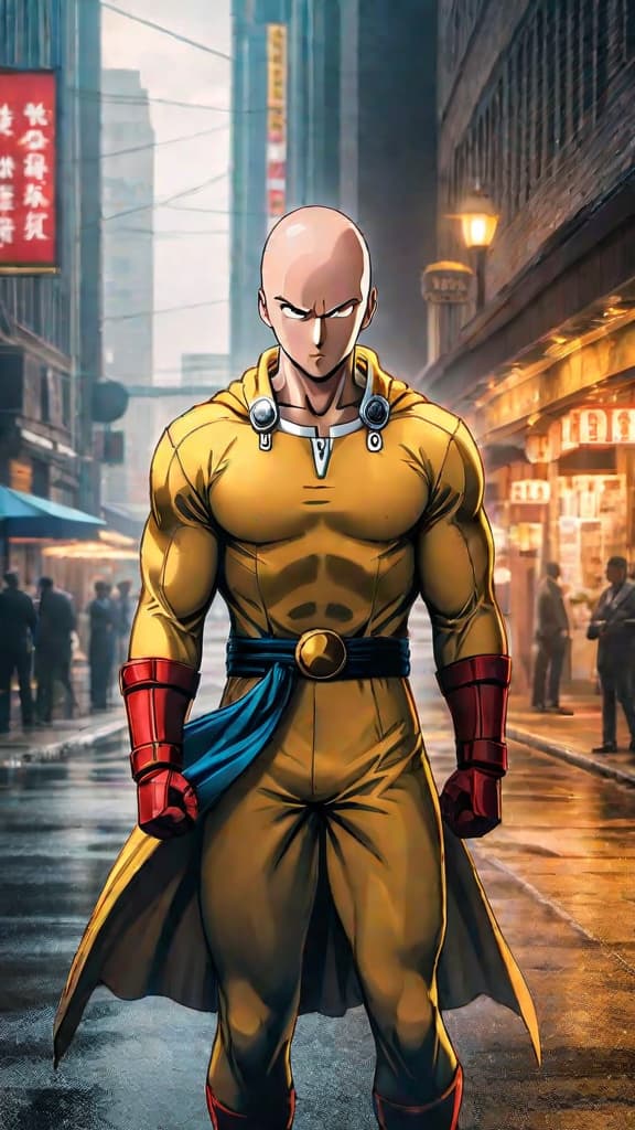  anime art: saitama's hidden past as the no.1 hero in one punch man is shrouded in mystery. hyperrealistic, full body, detailed clothing, highly detailed, cinematic lighting, stunningly beautiful, intricate, sharp focus, f/1. 8, 85mm, (centered image composition), (professionally color graded), ((bright soft diffused light)), volumetric fog, trending on instagram, trending on tumblr, HDR 4K, 8K