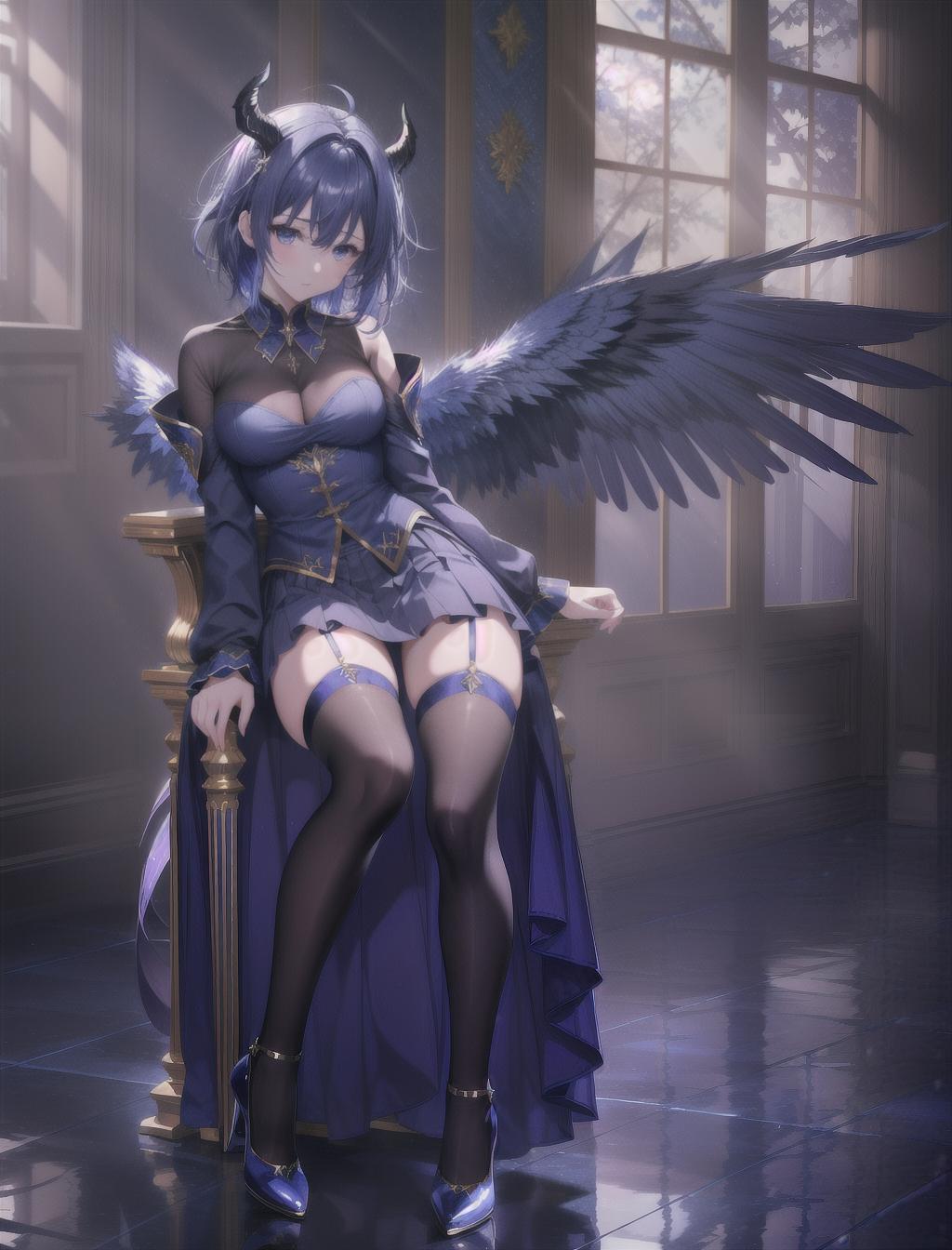  masterpiece, best quality, solo, soft sleepy expression, frail body, dark blue eyes, blue messy hair falling into eyes, soft throne, barely visible wings, thigh high heels, skirt, demon wings, tattoos