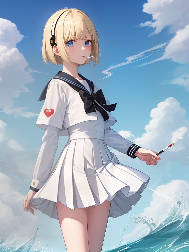  a who smokes a cigarette, a white sailor suit, a white pleated , a whole body, black loafers, blue eyes, blonde bob hair, summer sailor, standing, white sailor suit, red headphones, 綣headphones, many hairpins on bangs, heart tattoo on the back of the hand, masterpiece, best quality,8k,ultra detailed,high resolution,an extremely delicate and beautiful,hyper detail