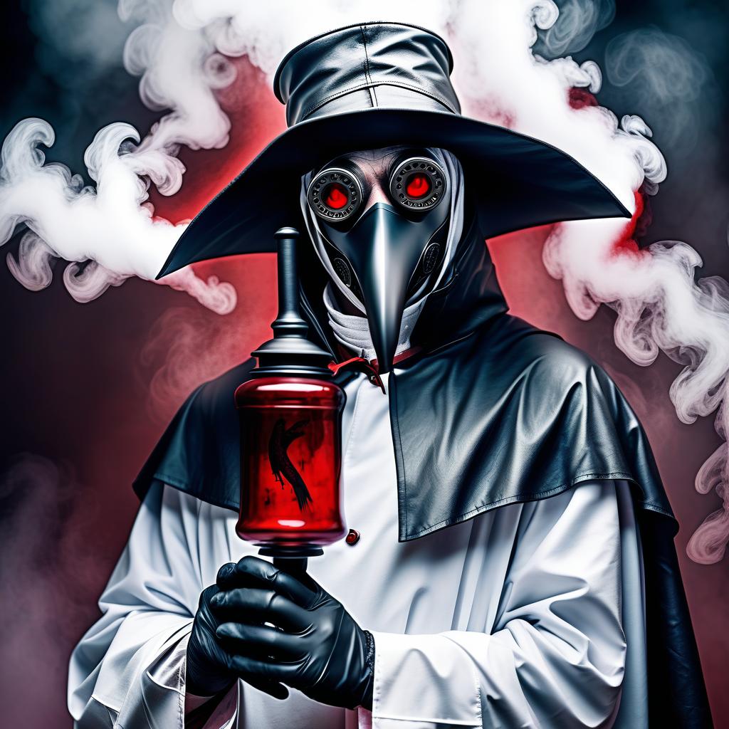  a man slightly taller than average with gray hair, dressed in a white doctor's robe and black gloves, on the head of the mask of a plague doctor with red glass eyes from which there is a bluish white smoke.