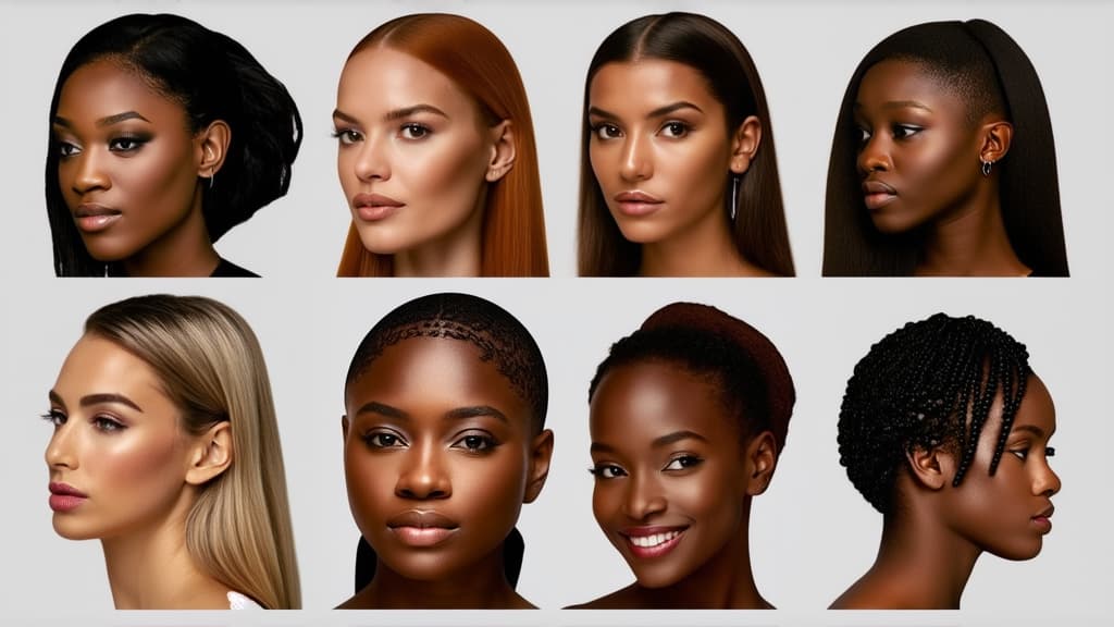  different beauty. set of different female heads on light background. different races and nationalities. ar 16:9, (natural skin texture), highly detailed face, depth of field, hyperrealism, soft light, muted colors