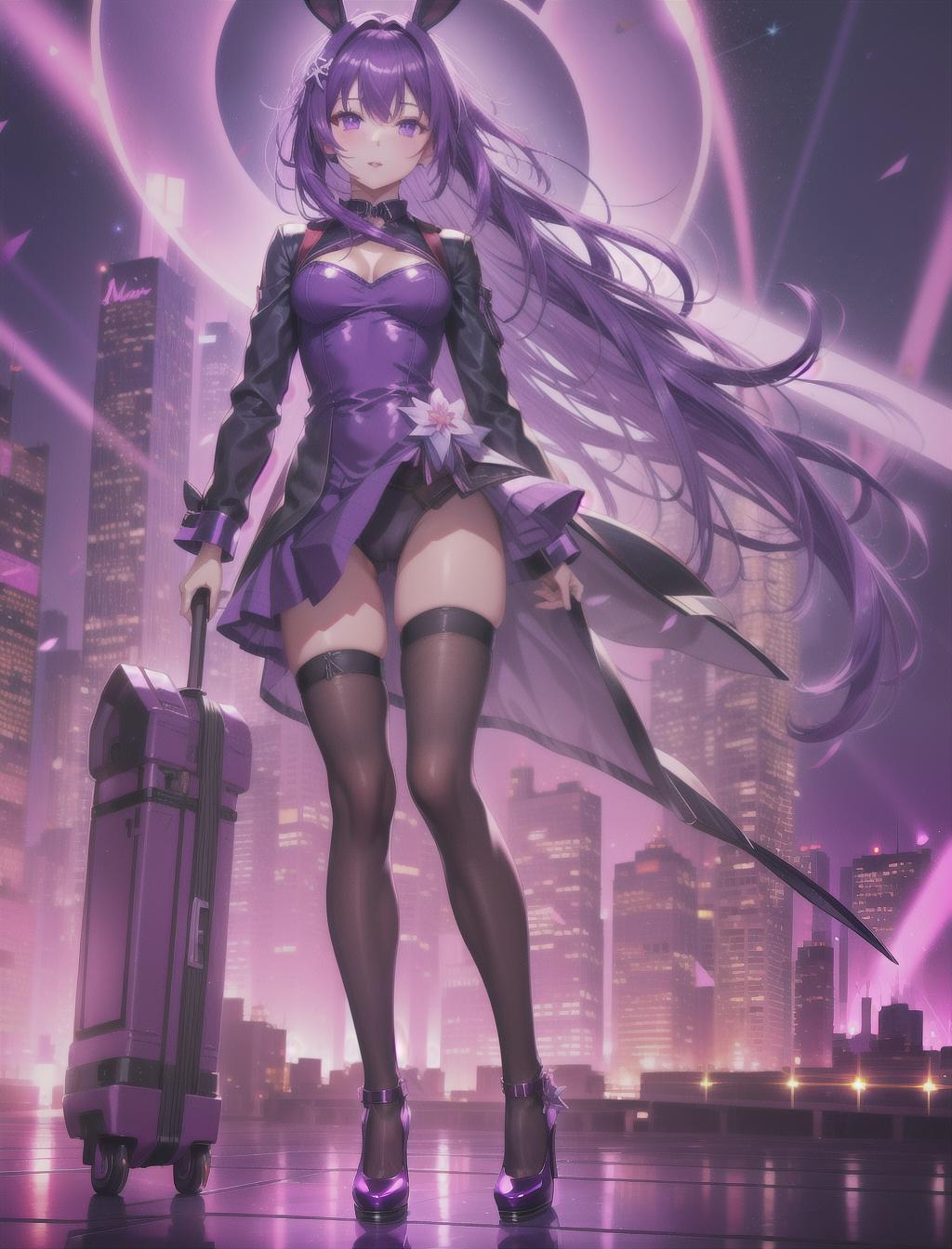  silhouette, solo, close up, masterpiece, best quality, solo, long purple hair, neon purple eyes, thigh highs, heels, bunny female outfit