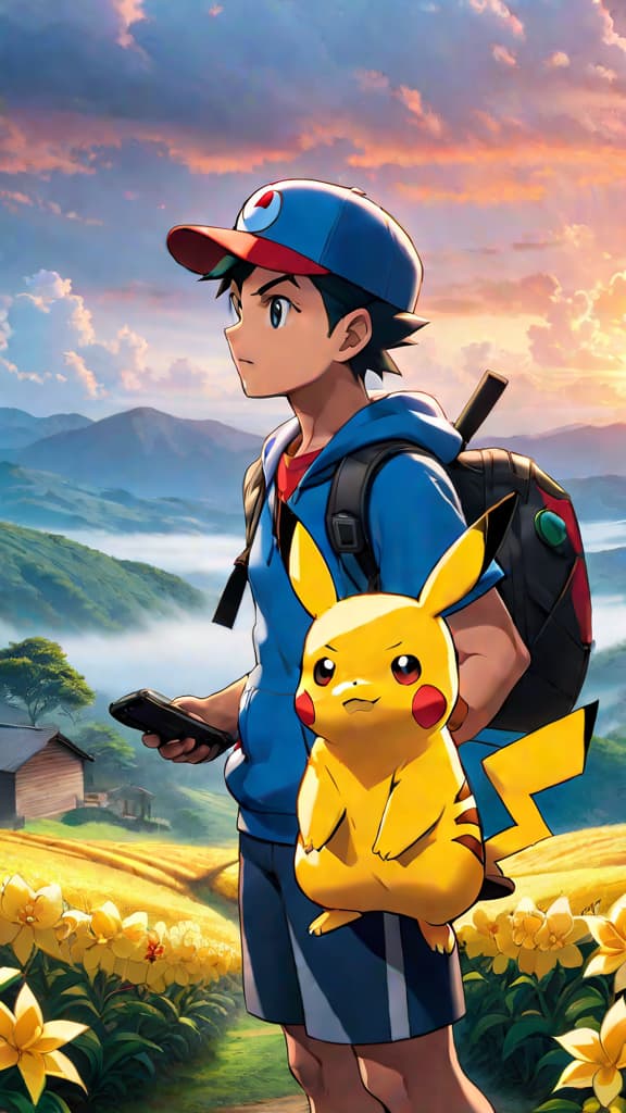  ash ketchum and pikachu from pokemon standing together with a sunset background in anime art hyperrealistic, full body, detailed clothing, highly detailed, cinematic lighting, stunningly beautiful, intricate, sharp focus, f/1. 8, 85mm, (centered image composition), (professionally color graded), ((bright soft diffused light)), volumetric fog, trending on instagram, trending on tumblr, HDR 4K, 8K