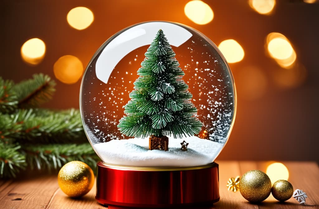  professional detailed photography, christmas snow globe with fir tree and golden decorations on wooden table. holiday background with bokeh lights. holiday decor. flat lay composition with copy space for design and print. ar 3:2, (muted colors, dim colors, soothing tones), (vsco:0.3)