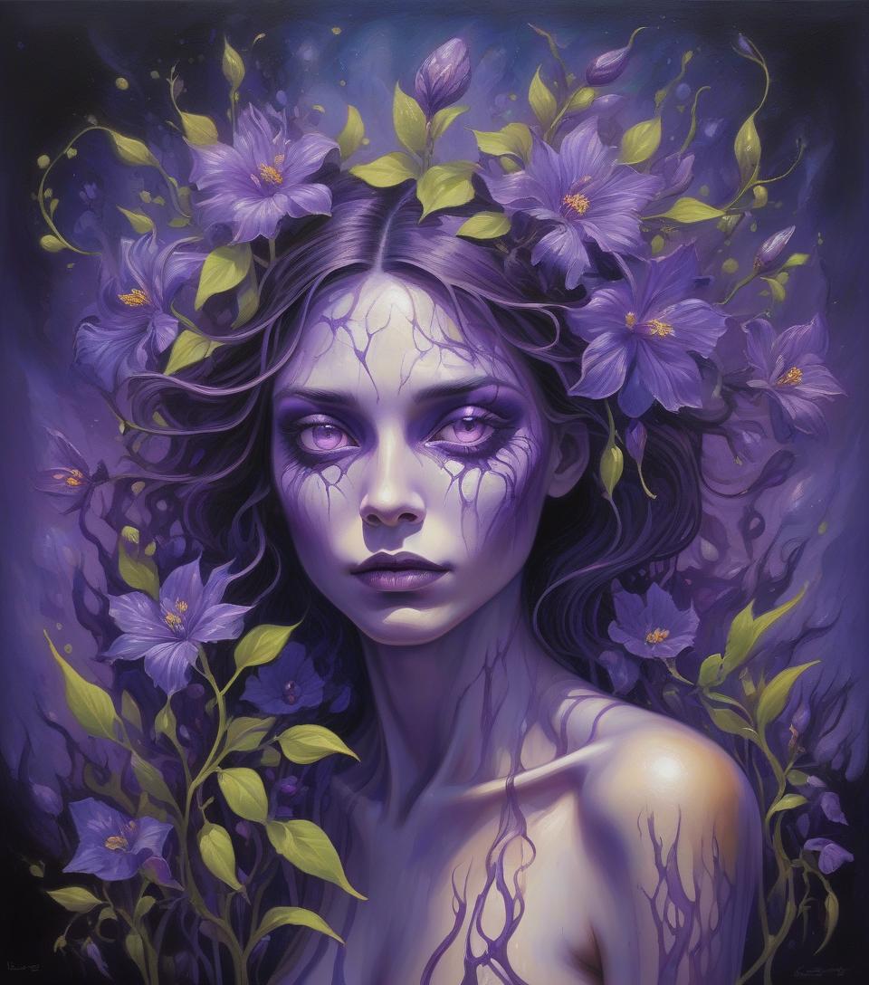  beautiful hybrid woman with purple flowers sprouting from her, oil painting,ethereal glow, dark and mysterious, high quality, vibrant colors, surreal, haunting, intricate floral details, intense gaze, mystical atmosphere, oil painting, demon, hybrid, fiery eyes, ethereal, vibrant colors, surreal, haunting, floral details, intense gaze, mystical atmosphere