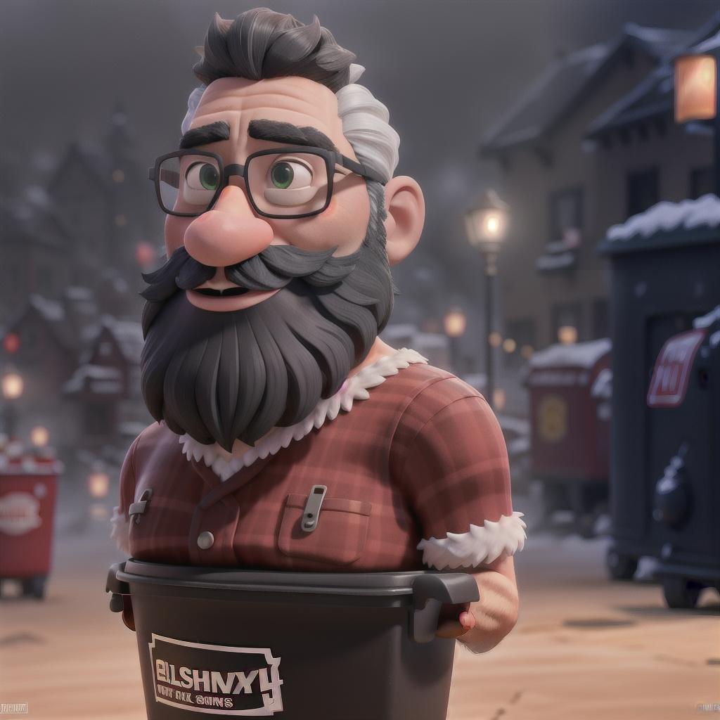  a santa claus with a black mustache and glasses, a landfill, trash cans hyperrealistic, full body, detailed clothing, highly detailed, cinematic lighting, stunningly beautiful, intricate, sharp focus, f/1. 8, 85mm, (centered image composition), (professionally color graded), ((bright soft diffused light)), volumetric fog, trending on instagram, trending on tumblr, HDR 4K, 8K