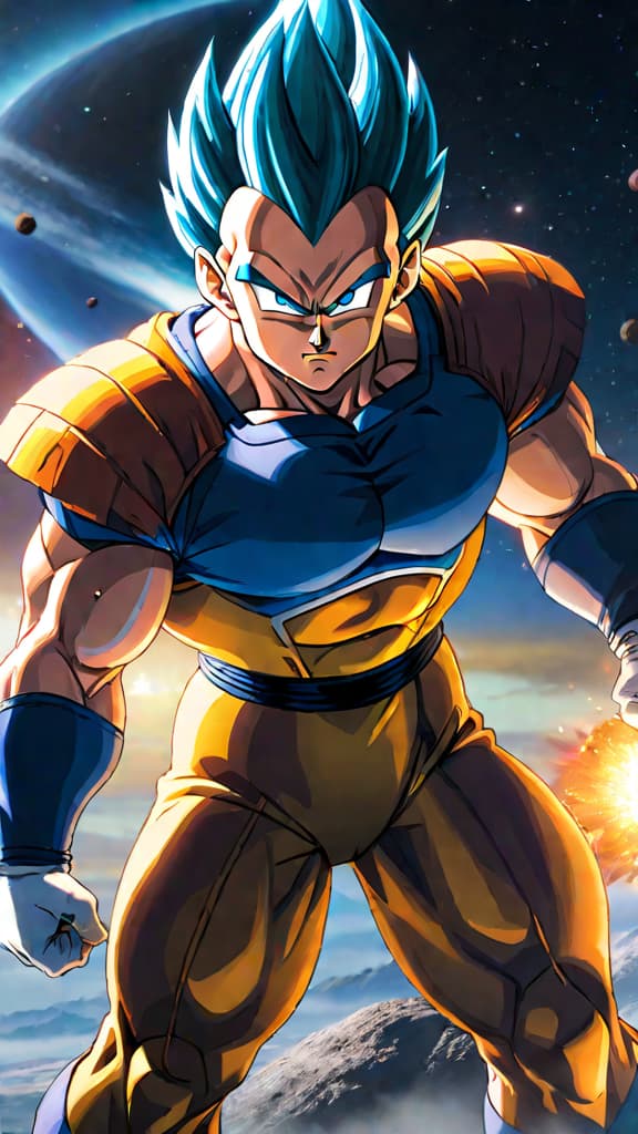  anime art of vegeta from dragon ball training intensely on a distant planet, reaching his super saiyan transformation limit. hyperrealistic, full body, detailed clothing, highly detailed, cinematic lighting, stunningly beautiful, intricate, sharp focus, f/1. 8, 85mm, (centered image composition), (professionally color graded), ((bright soft diffused light)), volumetric fog, trending on instagram, trending on tumblr, HDR 4K, 8K