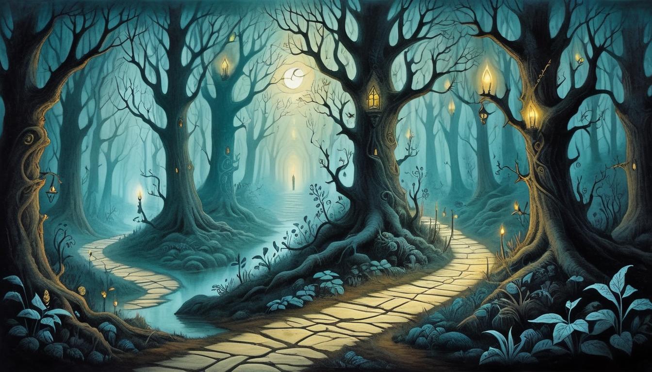  on parchment, surrealism+++, a narrow, illuminated path winding through dark woods, ethereal symbols lighting the way, forward movement, mystical guardianship(mysterious, provocative, symbolic,muted color)+++