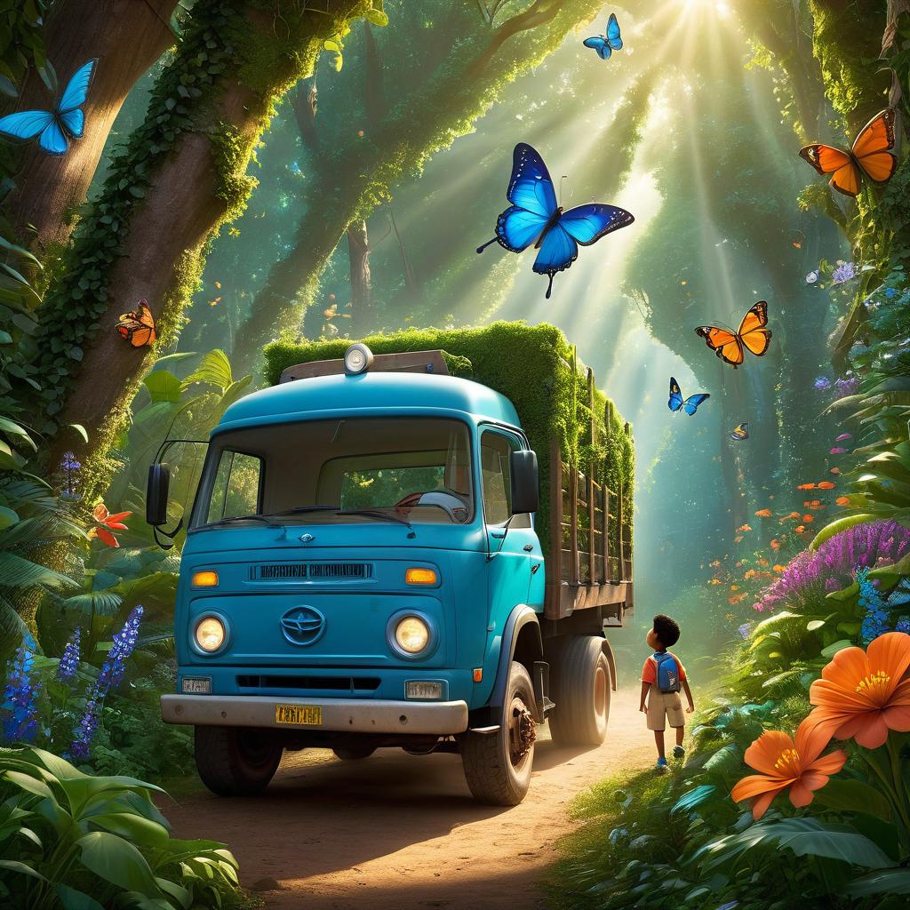  in 3d animated movie style. disney pixar style. aqil, old, curious, kind, and adventurous, wears a simple shirt and shorts. truck, undefined year, is loyal, helpful, and . they are in a vint, magical forest surrounded by colorful plants and erflies. high resolution pixar 3d animated film style with detailed rendering. main colors: vint greens, blues, colorful erfly patterns, soft warm lighting creating a magical atmosphere. bird's eye view capturing aqil and truck exploring the enchanted forest, highlighting lush surroundings and their wonder.