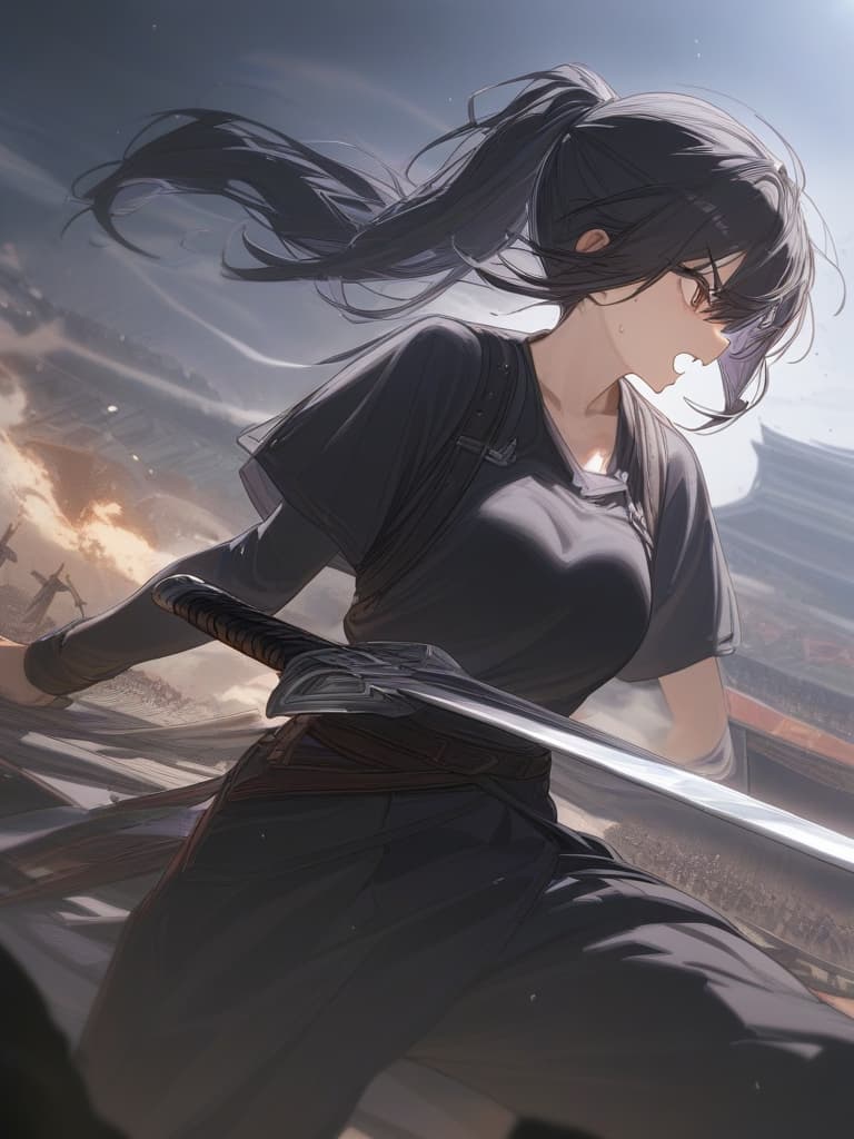  cool, female warlord, sword, ponytail, black hair, wind blowing, angry, battle scene, masterpiece, best quality,8k,ultra detailed,high resolution,an extremely delicate and beautiful,hyper detail