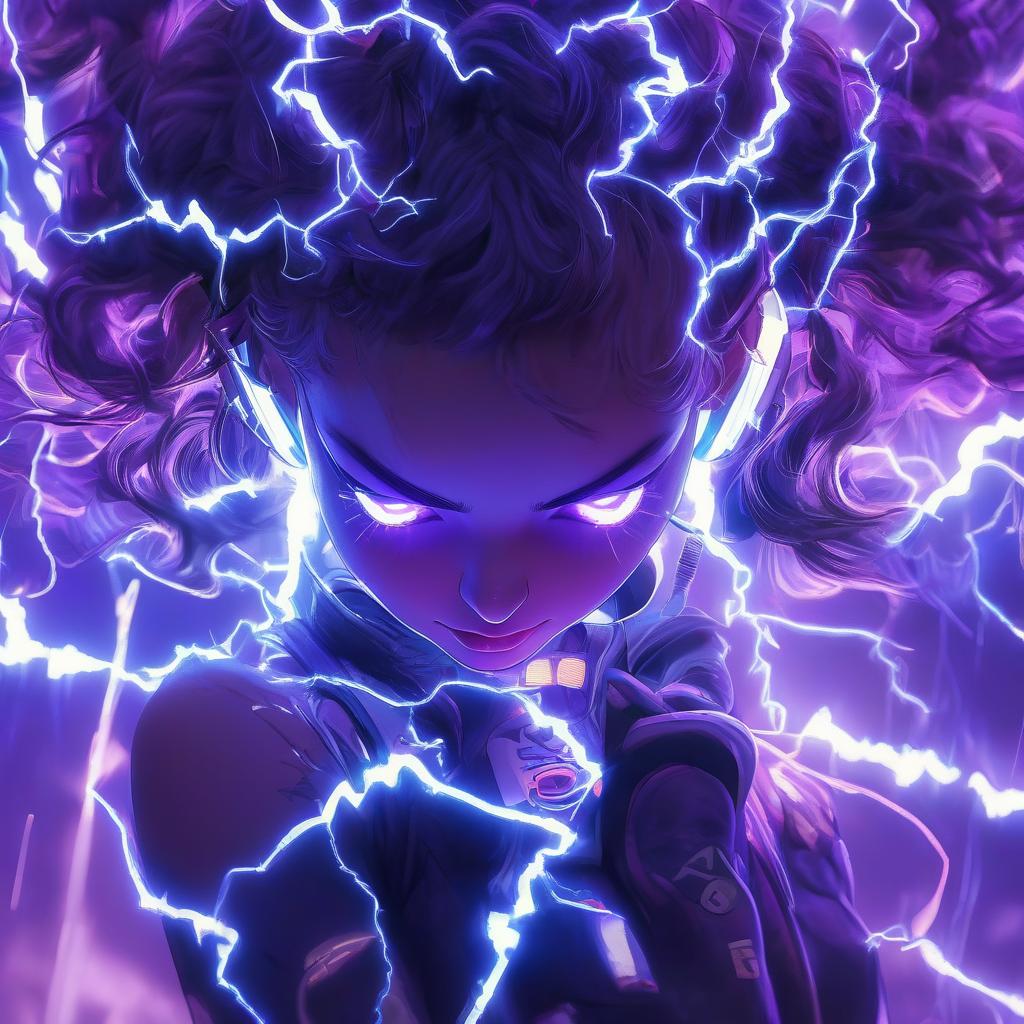  hyperrealistic art a close up of a person with headphones on, glowwave girl portrait, android jones and atey ghailan, dramatic purple thunders, amazing lightning art, kintsukuroi, beautiful necromancer girl, cute! c4d, electrifying, by eva gonzalès, ( ( ( colorful ) ) ), exquisite lightning . extremely high resolution details, photographic, realism pushed to extreme, fine texture, incredibly lifelike