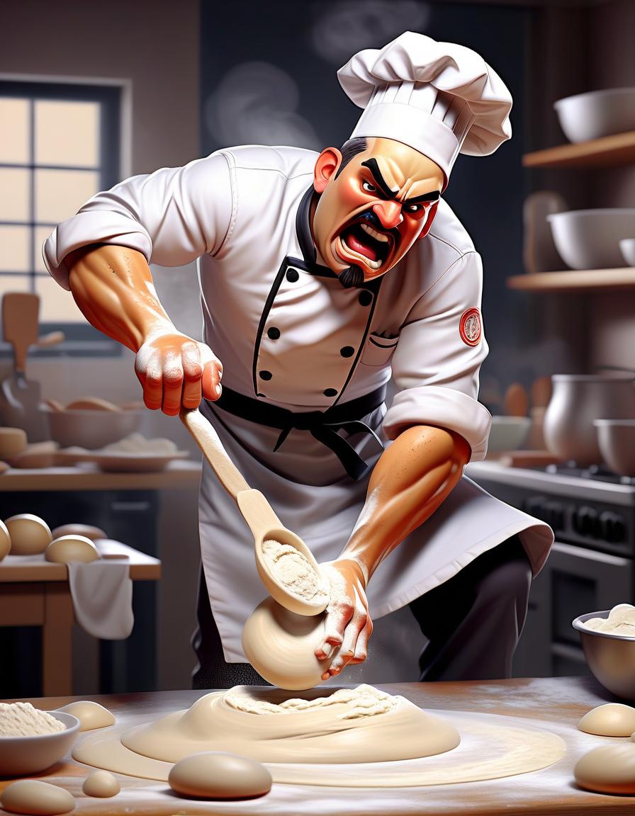  fighting game style a chef with dough in hand, kneading it with flour on the work surface, preparing for baking. . dynamic, vibrant, action packed, detailed character design, reminiscent of fighting video games