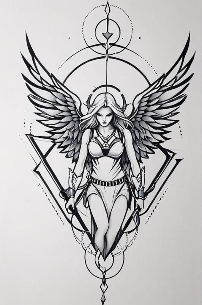  aggressive female angel looking down with geometric background , (tattoo sketch:1.25), drawing