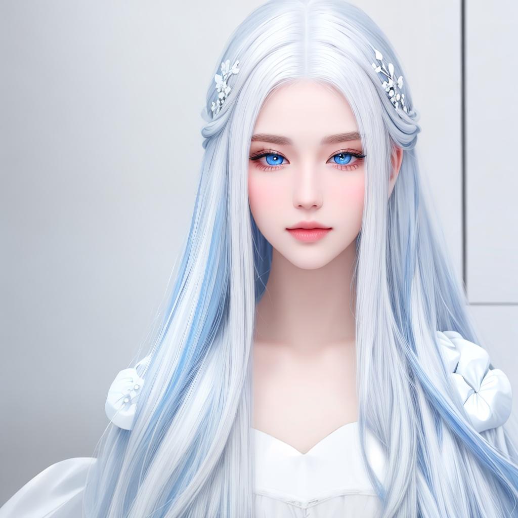  masterpiece, best quality, A pretty blue-eyed Instagram model with very long straight snow-white hair with a realistic natural pale porcelain complexion on an oval face.