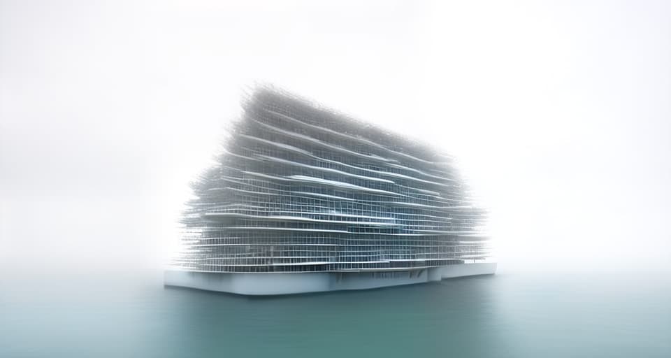 mdjrny-v4 style architecture, high quality, exterior perspective, 3 story steel framed office building, building floating at sea, frank o'gehry, rain, rough sea