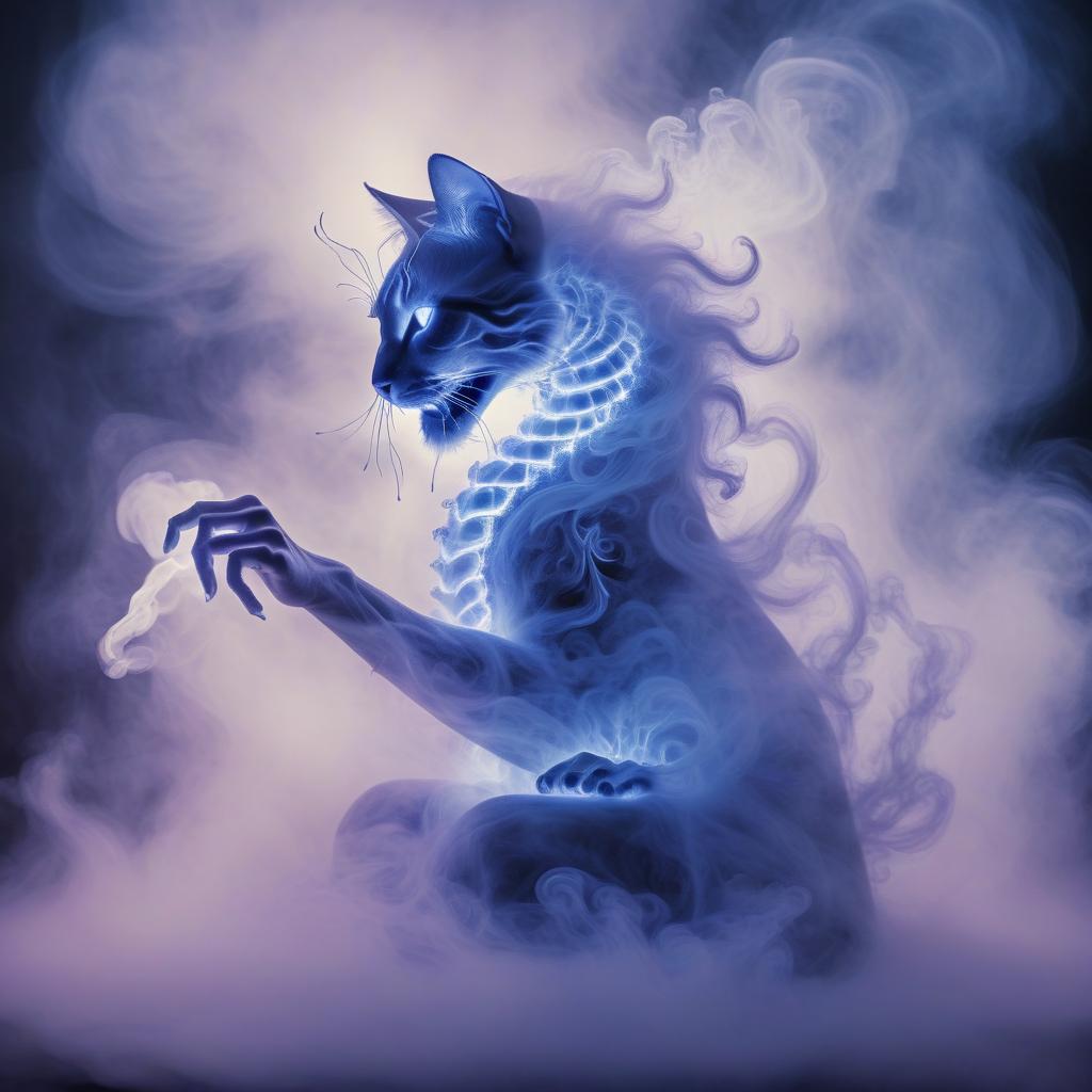  (masterpiece, kirlian photography style:1.3), mystical smoke giant cat fights smoke chinese dragon ​​of smoke spirit crafted from wisps of smoke, dissolving into the ether, ethereal and otherworldly presence, intricate patterns resembling kirlian photography, soft and flowing smoke forming the shape of the city, glowing aura around the silhouette, hints of blue and purple hues adding a surreal touch, dynamic composition capturing the spirit's transition, dreamlike and surreal atmosphere, intricate details in the swirling smoke trails, soft and gentle lighting enhancing the mystical quality, a blend of mysticism and artistry in a captivating and unique visual interpretation.