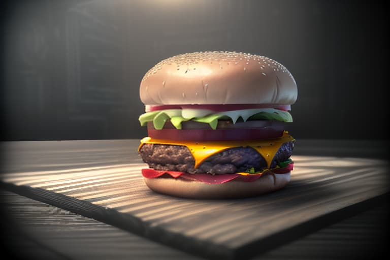  burger, ((((cinematic look)))), soothing tones, insane details, hyperdetailed, low contrast, soft cinematic light, dim colors, exposure blend, hdr, faded, slate grey atmosphere