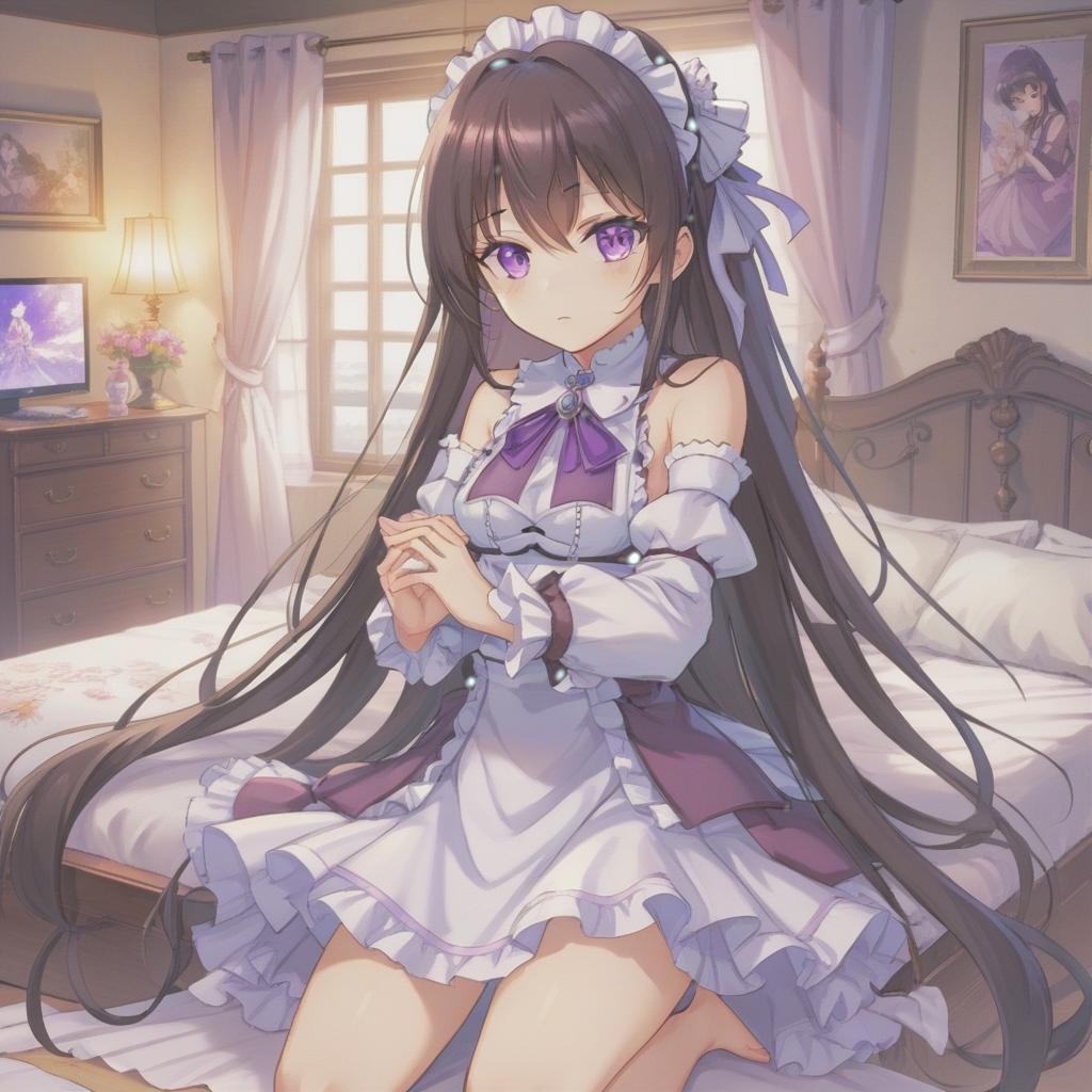  anime artwork 2, dark long hair folded into a bundle, purple eyes, open maid's outfit, cutout on the , small silver earrings, the bedroom . anime style, key visual, vint, studio anime, highly detailed