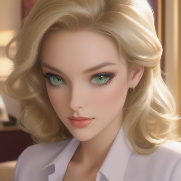   old waif like model, green eyes, full lips, thin face, curly blonde hair, , wearing business attire at a fancy hotel, open shirt showing her medium s, no bottoms