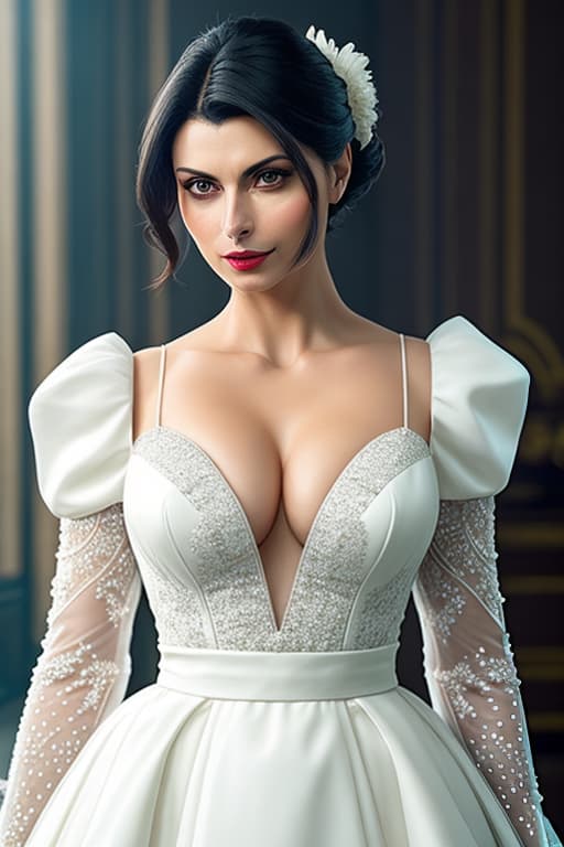  score 9, score 8 up, score 7 up, best quality, masterpiece,realistic, morena baccarin, solo, yorha no. 2 type b, puffy sleeves, dress, short hair, white hair, black dress, dark make up, breasts, deep cleavage, long sleeves, parted lips, clothing cutout, small breasts, braless, covered eyes, mole under mouth, mole, lips, carmin red lips, belly buttton, nipples, nose, facing viewer, hair over eyes, teeth, hôtel crillon restaurant hyperrealistic, full body, detailed clothing, highly detailed, cinematic lighting, stunningly beautiful, intricate, sharp focus, f/1. 8, 85mm, (centered image composition), (professionally color graded), ((bright soft diffused light)), volumetric fog, trending on instagram, trending on tumblr, HDR 4K, 8K