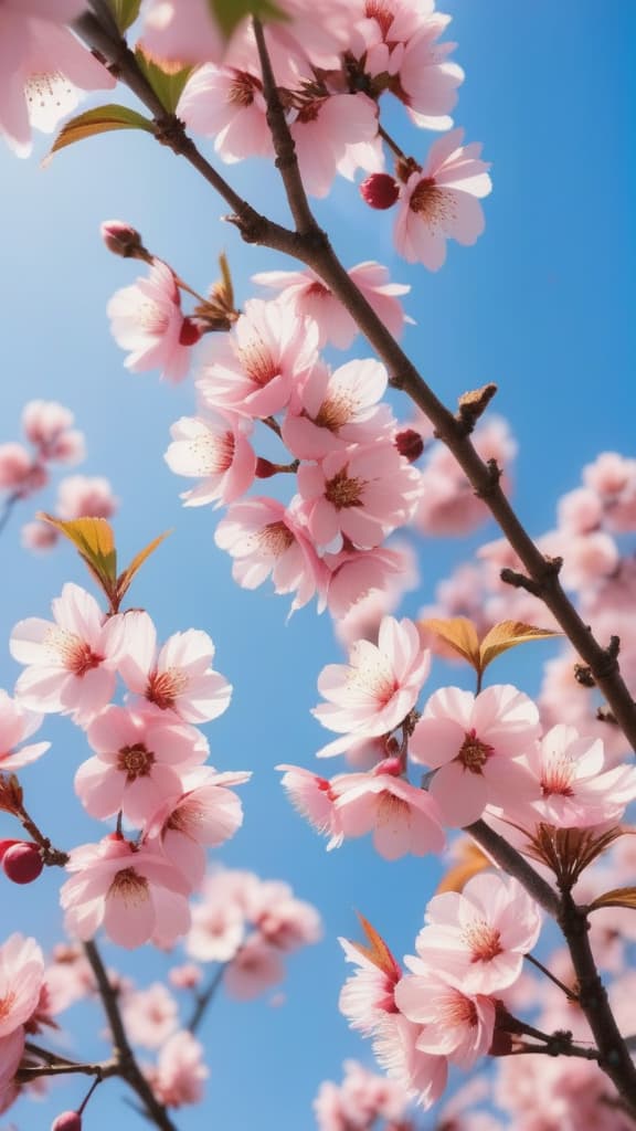  a close up shot of a blooming cherry blossom tree, with delicate pink petals set against a clear blue sky.