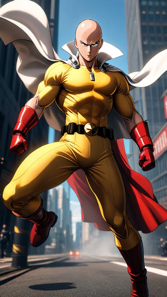  an anime art of saitama from "one punch man" embodying divine might amidst a mysterious aura. hyperrealistic, full body, detailed clothing, highly detailed, cinematic lighting, stunningly beautiful, intricate, sharp focus, f/1. 8, 85mm, (centered image composition), (professionally color graded), ((bright soft diffused light)), volumetric fog, trending on instagram, trending on tumblr, HDR 4K, 8K