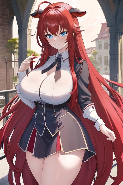  no ,masterpiece, best quality, 1women, long red hair, looking at viewer, :3, cute, black uniform, outdoors, streets, cow shot, curvy, (((blue eyes))), rias gremory, red hair, antenna hair, wavy hair, ((beautiful detailed eyes, beautiful detailed glow, lots of glow)), anime screencap