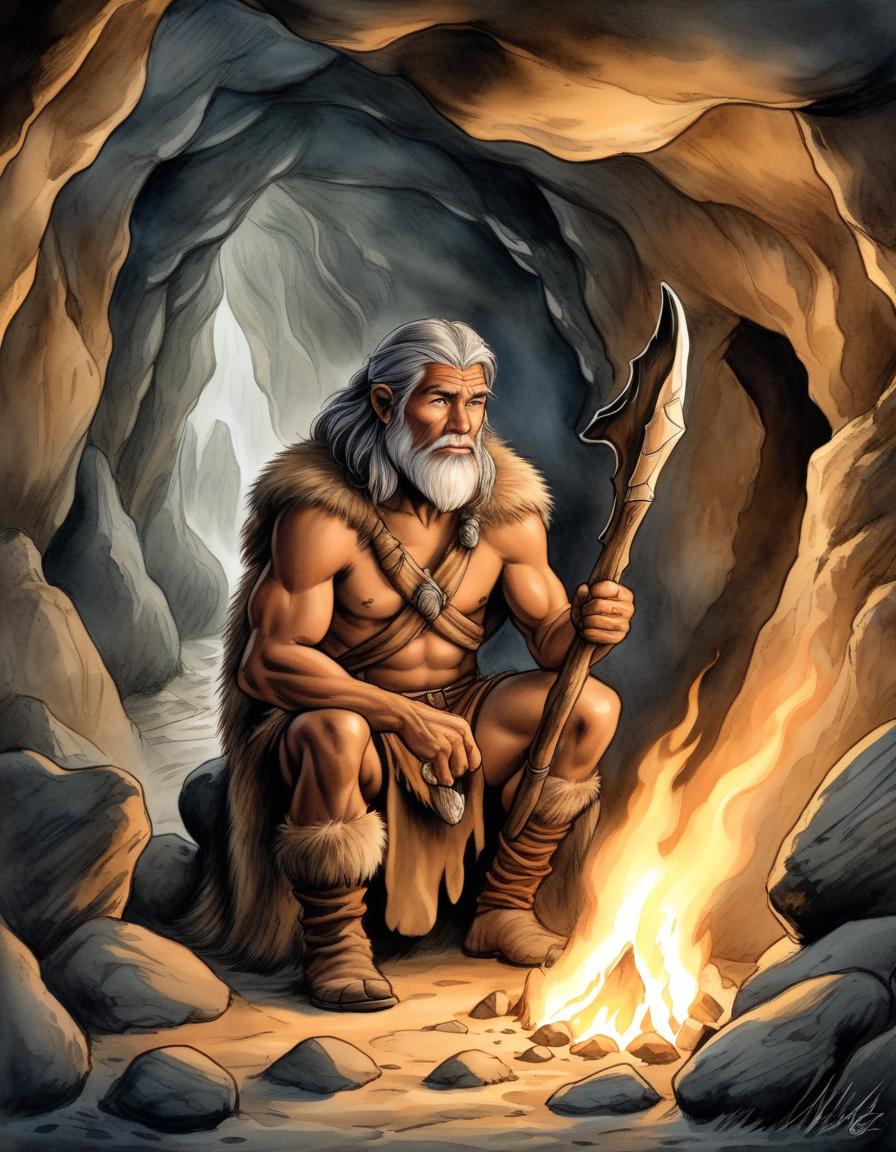  digital illustration, ink and watercolor on parchment, with fine shading of the edges, depicting an expressive stone age man hunter in cave, whose image seamlessly blends with the textures of the stone cave, soft diffused lighting in warm tones envelops her, enhancing the mystical aura around her slender form. clad in a fur, sits in front of the fire