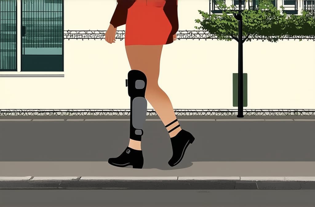  flat illustration, flaticon, (illustration:1.15), woman with prosthetic leg walking on city sidewalk. pictogram illustration style ar 3:2, [cory loftis, strobist, pascal campion :: 0.2]