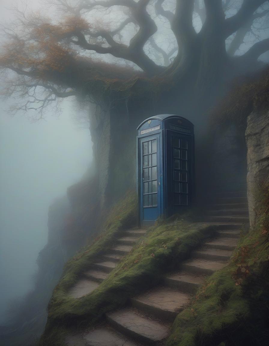  phone box in thick fog at the top of the cliff, trees, roots, steps, hops phantasmagoria, medieval nature, fantasy art