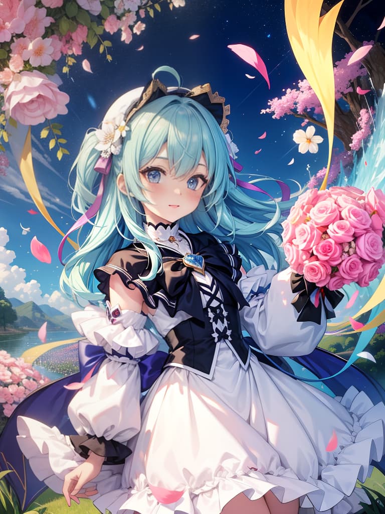  (masterpiece,hyper quality 1 5),ultra detailed,highlight eyes,detailed face,looking,scenery,master piece,best quality,ultra detailed,high resolution,8k,cute dolllike boy,gaming world,magical animals,colorful gaming ,charming boy,100 tiered ruffle, soaring confetti(frill,petal),kiyo,kiyo cat,game broadcaster,