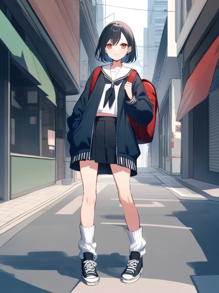  male junior high , male , sailor suit, mini , transvese, short hair, cute smile, backpack, super long loose socks, bottom sneakers, whole body, in the city,